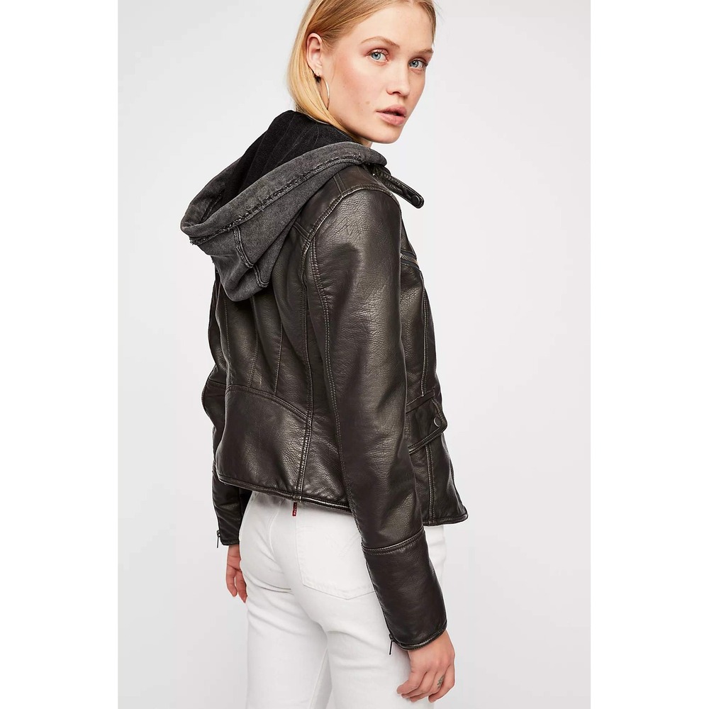Free People We The Free Monroe Hooded Jacket M Black Vegan Leather Edgy Grunge